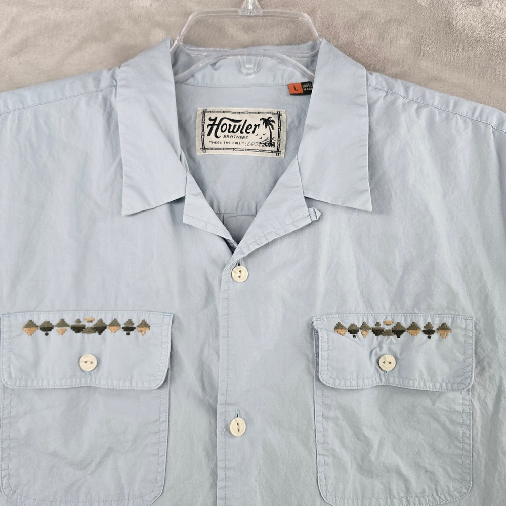 Howler Brothers Hawaiian Shirt Mens Large Blue Short Sleeve Embroidered